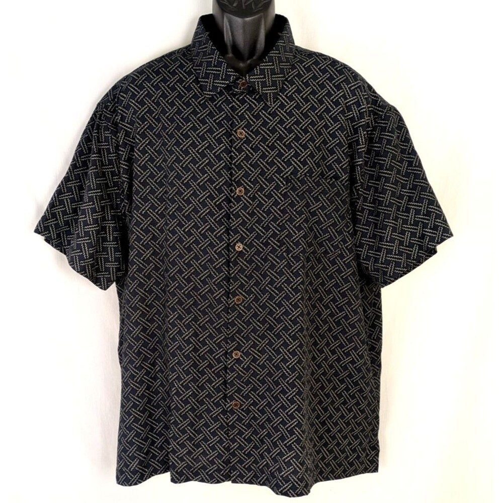 Nat Nast Men's XXL Silk Blend Blue Black Button Front Shirt Bronze Buttons